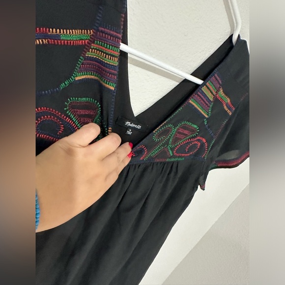 NWT Madewell Silk Embroidered Colorful Stitch Cap Sleeve Mini Dress Black - M - Picture 6 of 9